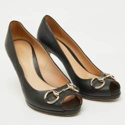 Gucci Black Guccissima Leather Horsebit Hollywood Peep Toe Pumps Size 39