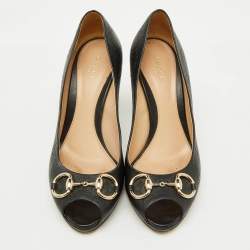 Gucci Black Guccissima Leather Horsebit Hollywood Peep Toe Pumps Size 39
