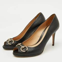 Gucci Black Guccissima Leather Horsebit Hollywood Peep Toe Pumps Size 39
