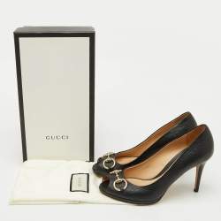 Gucci Black Guccissima Leather Horsebit Hollywood Peep Toe Pumps Size 39