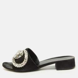 Gucci Black Suede Crystal Embellished Maxime Slide Sandals Size 39