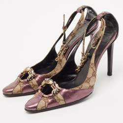 Gucci Beige/Purple GG Canvas and Leather Chain Detail Ankle Strap Pumps Size 39