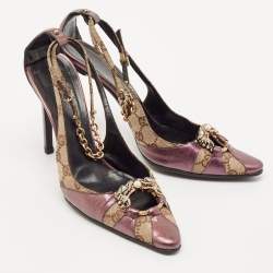 Gucci Beige/Purple GG Canvas and Leather Chain Detail Ankle Strap Pumps Size 39