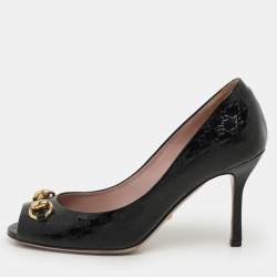 Gucci Black Microguccissima Patent Leather Horsebit Peep Toe Pumps Size 36.5
