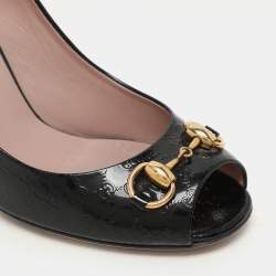 Gucci Black Microguccissima Patent Leather Horsebit Peep Toe Pumps Size 36.5