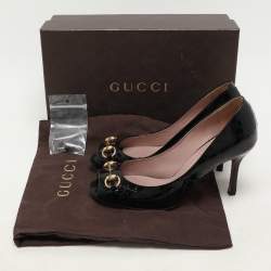 Gucci Black Microguccissima Patent Leather Horsebit Peep Toe Pumps Size 36.5