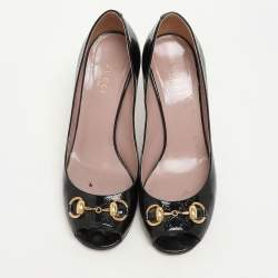 Gucci Black Microguccissima Patent Leather Horsebit Peep Toe Pumps Size 36.5