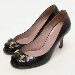 Gucci Black Microguccissima Patent Leather Horsebit Peep Toe Pumps Size 36.5