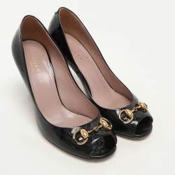 Gucci Black Microguccissima Patent Leather Horsebit Peep Toe Pumps Size 36.5