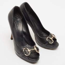 Pre Owned Gucci Black Leather Horsebit Peep Toe Platform Pumps Size 37