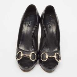 Pre Owned Gucci Black Leather Horsebit Peep Toe Platform Pumps Size 37