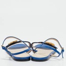 Gucci Blue Leather GG Marmont Ankle Strap Flat Sandals Size 36.5