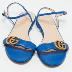 Gucci Blue Leather GG Marmont Ankle Strap Flat Sandals Size 36.5