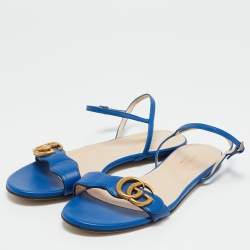 Gucci Blue Leather GG Marmont Ankle Strap Flat Sandals Size 36.5
