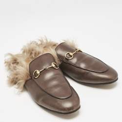 Pre Owned Gucci Brown Leather And Fur Princetown Mule Sandals Size 39