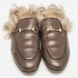 Pre Owned Gucci Brown Leather And Fur Princetown Mule Sandals Size 39