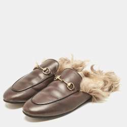 Pre Owned Gucci Brown Leather And Fur Princetown Mule Sandals Size 39