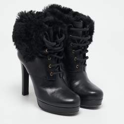 Gucci Black Leather and Fur Lace Up Platform Ankle Boots Size 37
