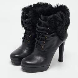 Gucci Black Leather and Fur Lace Up Platform Ankle Boots Size 37