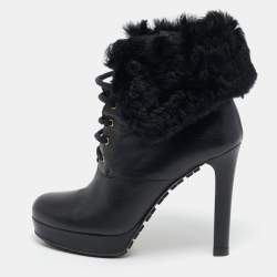 Gucci Black Leather and Fur Lace Up Platform Ankle Boots Size 37
