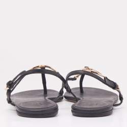 Gucci Black Leather GG Interlocking Heart Flat Sandals Size 38.5