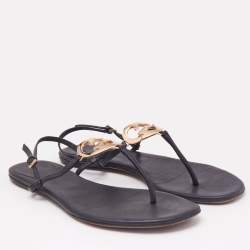 Gucci Black Leather GG Interlocking Heart Flat Sandals Size 38.5
