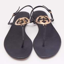 Gucci Black Leather GG Interlocking Heart Flat Sandals Size 38.5