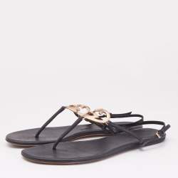 Gucci Black Leather GG Interlocking Heart Flat Sandals Size 38.5