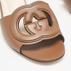 Pre Owned Gucci Brown Leather Interlocking G Slide Sandals Size 37