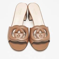 Pre Owned Gucci Brown Leather Interlocking G Slide Sandals Size 37