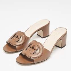 Pre Owned Gucci Brown Leather Interlocking G Slide Sandals Size 37