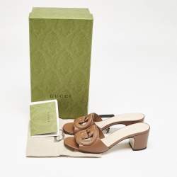 Pre Owned Gucci Brown Leather Interlocking G Slide Sandals Size 37