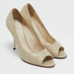 Gucci Off White Guccissima Leather Horsebit Peep Toe Pumps Size 38.5
