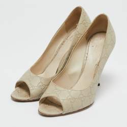 Gucci Off White Guccissima Leather Horsebit Peep Toe Pumps Size 38.5