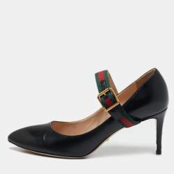 Gucci Black Leather Sylvie Web Pointed Toe Mary Jane Pumps Size 39