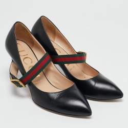 Gucci Black Leather Sylvie Web Pointed Toe Mary Jane Pumps Size 39