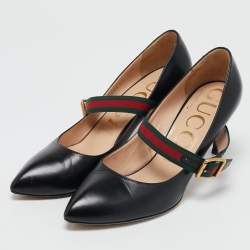 Gucci Black Leather Sylvie Web Pointed Toe Mary Jane Pumps Size 39