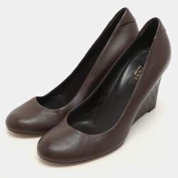 Gucci Brown Leather Wedge Round Toe Pumps Size 38.5