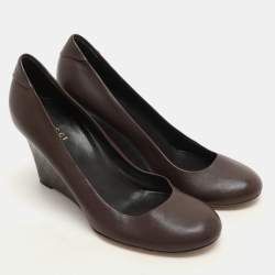 Gucci Brown Leather Wedge Round Toe Pumps Size 38.5