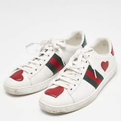 مملوكة مسبقًا Gucci White Leather Ace Heart Web Low Top Sneakers Size 37