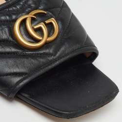 Gucci Black Leather Matelasse GG Jolie Flat Slide Sandals Size 39.5
