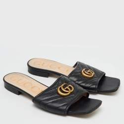 Gucci Black Leather Matelasse GG Jolie Flat Slide Sandals Size 39.5