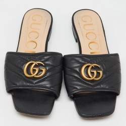 Gucci Black Leather Matelasse GG Jolie Flat Slide Sandals Size 39.5