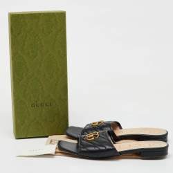 Gucci Black Leather Matelasse GG Jolie Flat Slide Sandals Size 39.5