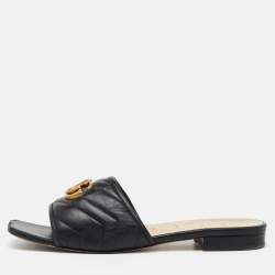 Gucci Black Leather Matelasse GG Jolie Flat Slide Sandals Size 39.5