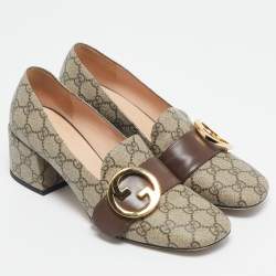 Pre Owned Gucci Beige/Brown GG Sumpreme Canvas and Leather Block Heel Pumps Size 39
