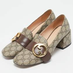 Pre Owned Gucci Beige/Brown GG Sumpreme Canvas and Leather Block Heel Pumps Size 39