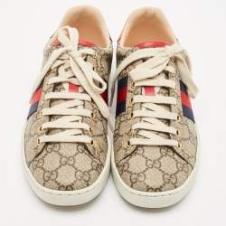 Gucci Beige/Brown GG Supreme Canvas Ace Low Top Sneakers Size 37