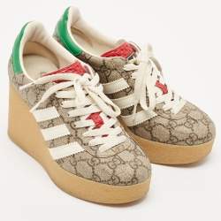 Gucci X Adidas Beige/Brown GG Supreme Canvas Gazelle Wedge Sneakers Size 34