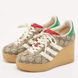 Gucci X Adidas Beige/Brown GG Supreme Canvas Gazelle Wedge Sneakers Size 34